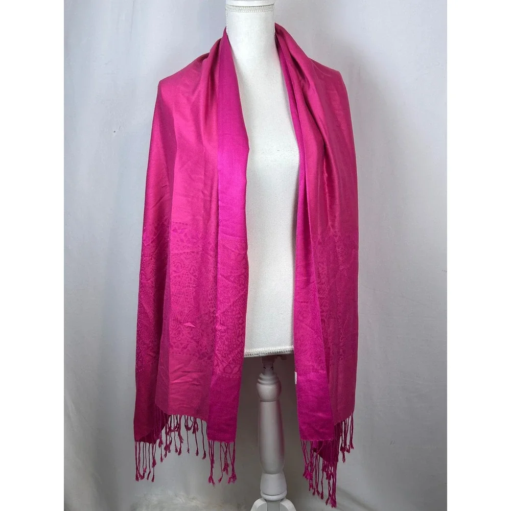 Pashmina Silk Blend Scarf Fuchsia Pink Paisley Jacquard Fringe Wrap Shawl